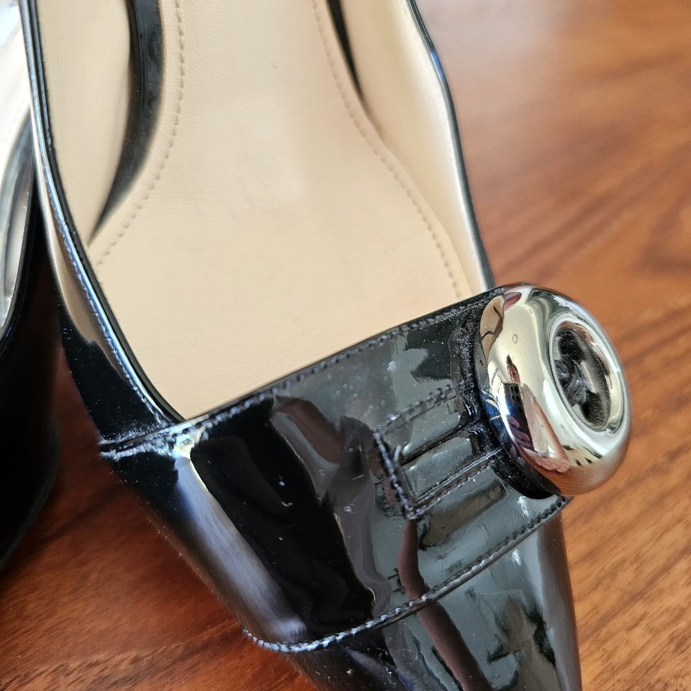 PRADA Black Italian Patent Leather Button Heels Point Toe Sz 40.5 NWOT - Picture 8 of 14